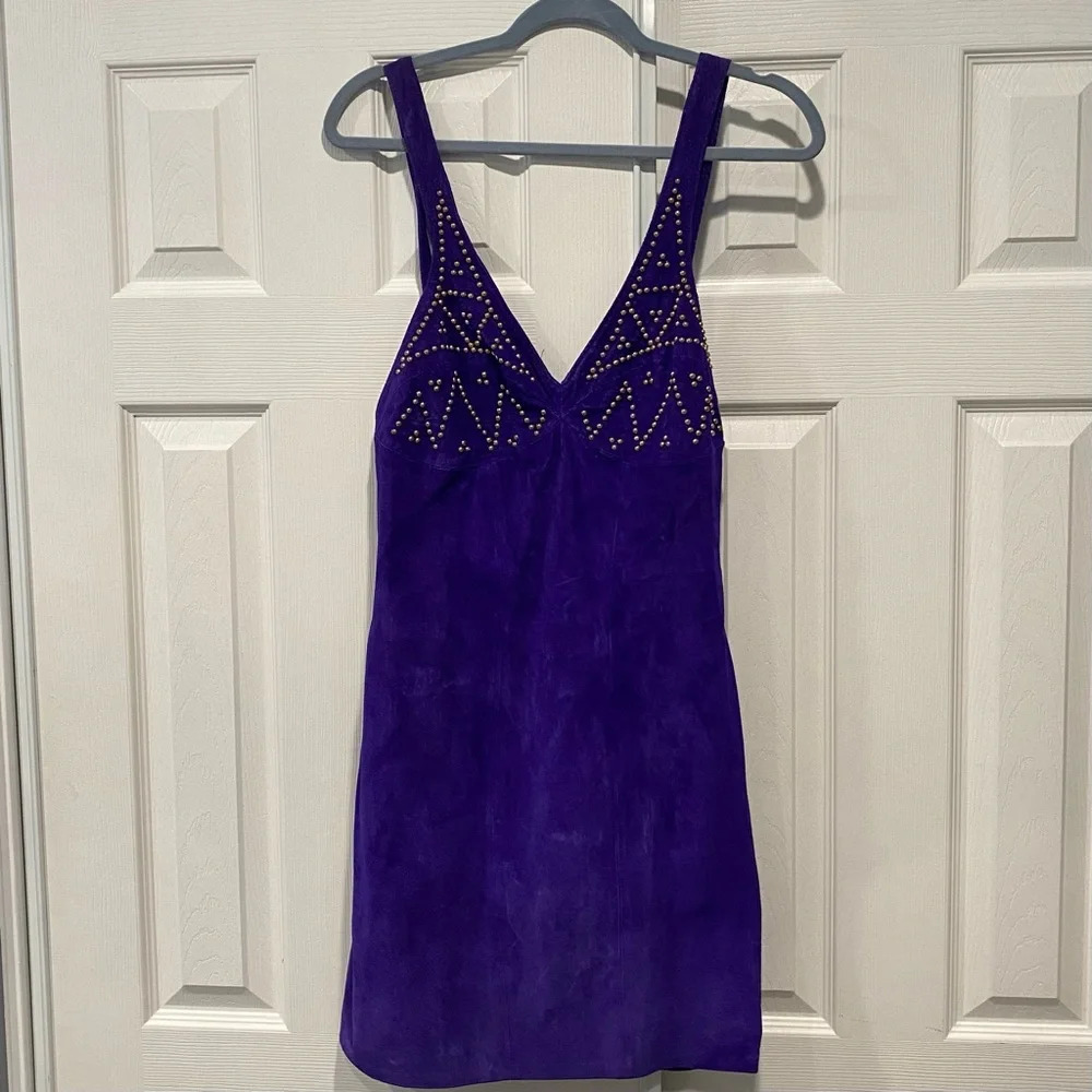 Firenze Vintage Purple Leather Suede Gold Studded Mini Dress